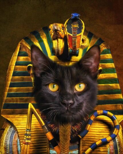 The Pharaoh #3 - Custom Design Pet Canvas Painting features an ancient Egyptian ruler’s body with a black cat’s head and yellow eyes, adorned with a golden headdress—ideal for personalized pet art.