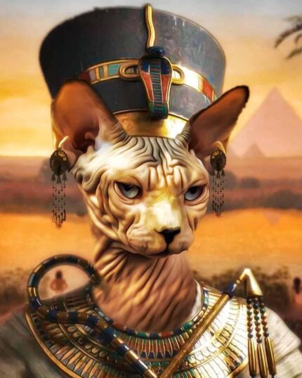 A hairless Sphynx cat wears ancient Egyptian royal attire with pyramids and a sunset backdrop in the "Special Design Canvas Painting – Egyptian Period #2 – Nefertiti," perfect for custom pet canvas prints that honor your regal feline.