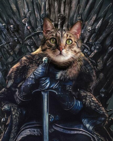 A cat’s head is edited onto Jon Snow’s body from Game of Thrones, seated on the Iron Throne in medieval fur and armor, holding a sword—a Game of Thrones #3 – Jon Snow - Custom Pet Canvas for epic fantasy fans.