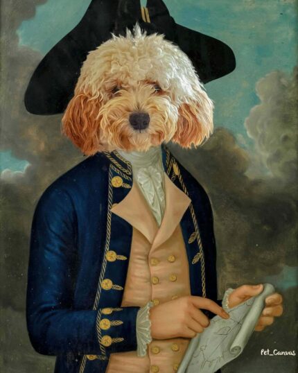 The Custom Design Canvas Painting – Sailor #4 features your pet’s head on an 18th-century body in a tricorne hat, holding a sketch, set against a dramatic sky—creating a unique and regal portrait.