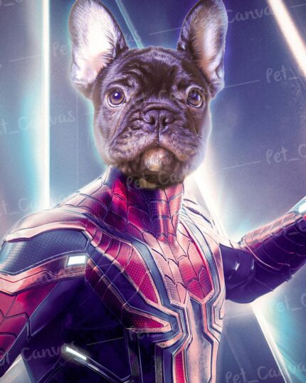 A French Bulldog with a serious expression is digitally edited as Spiderman in a red and blue costume, set in a glowing futuristic scene—ideal for a Custom Design Canvas Painting – Super Hero #6 – Spiderman.