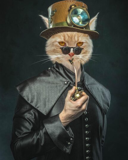 The Custom Design Canvas Painting – Steampunk #1 – Man features an orange-furred cat in a brown steampunk hat, round dark glasses, and a black Victorian-style coat, holding a smoking pipe and standing upright—perfect for unique canvas art.