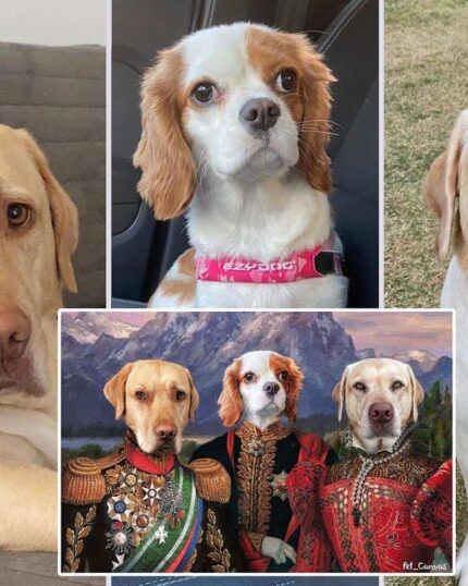 A custom canvas titled "Multiple Portraits #1 General, Pasha, Red Lady" featuring two yellow labs and a brown-and-white spaniel as royals in scenic mountain uniforms.