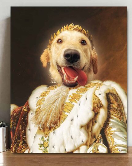 A Custom Design Canvas Painting – Movie Character #4 – Harry Potter features a pet styled as Harry Potter in elaborate costume, depicted in a historic portrait style. The canvas leans against a wall on a wooden surface.