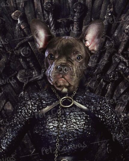 A French Bulldog in medieval armor sits on a throne of swords in our Custom Design Canvas Painting – Game of Thrones #1 – Cercei Lannister, the perfect decor for fans.