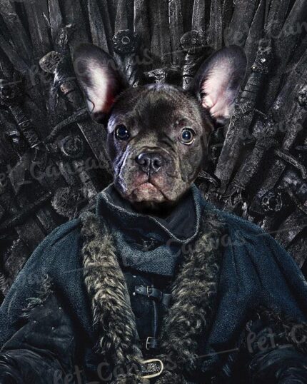 A French Bulldog's head is edited onto a human body in medieval black fur, seated on the Iron Throne with swords—Custom Design Canvas Painting – Game of Thrones #2 makes an epic, unique pet portrait for canvas printing.
