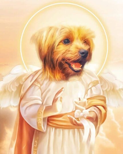 The Special Design Canvas Painting – Angel #1 features a small brown dog's head on an angel’s body with a glowing halo, white robe, and wings against a golden sky, capturing the happy pup holding a lit candle in a heartwarming scene.