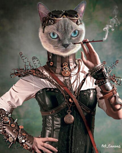 A steampunk-themed Special Design Canvas Painting – Steampunk #2 – Female shows a person with a cat’s head in vintage goggles, leather corset, and metal gears, holding a cigarette holder against a green background.