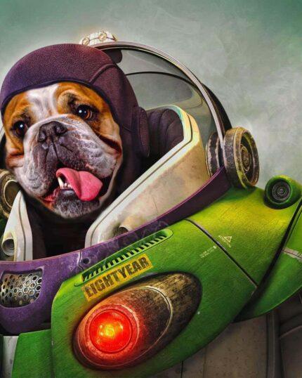 A bulldog’s face is edited onto Buzz Lightyear’s body in a green and purple spacesuit on a green gradient backdrop—ideal for pet owners seeking the Special Design Canvas Painting – Cartoon #2 Toy Story for custom art or unique canvas prints.