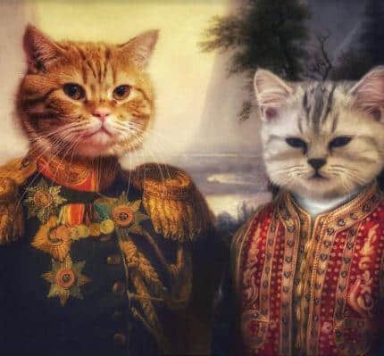 Two cats wear ornate military uniforms in a vintage portrait style with a scenic background—Multiple Portraits #6 General and Pasha is the perfect custom pet canvas for unique decor.