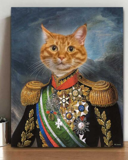 A custom "Multiple Portraits #2 King vs. King" pet canvas shows an orange cat in a decorated military uniform, adorned with medals and gold accents, displayed on wood next to a potted plant.