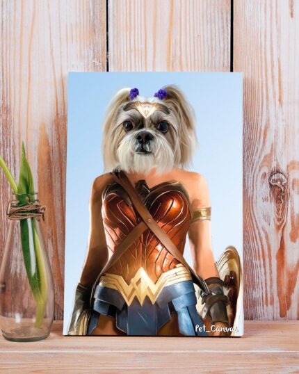 A digitally illustrated portrait of a light brown dog with purple hair ties as Wonder Woman, propped against a wooden wall beside a plant—Custom Design Canvas Painting – Super Hero #10 – Wonder Woman.