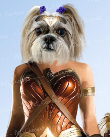A small white and tan dog with purple bows and a serious look is depicted as Wonder Woman, complete with gold headpiece, armor, and sash, on the Custom Design Canvas Painting – Super Hero #10 – Wonder Woman.