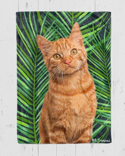 A ginger tabby cat with orange eyes sits before green palm leaves and white panels, featured on our Custom Design Pop-Art Blanket – Leaf #2—perfect for unique pet lovers.