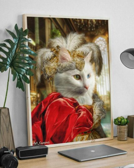 A custom canvas titled "Famous Person #5 – Madame Elizabeth" features a white cat in an ornate outfit with feathers and a red velvet cloak, displayed on a modern desk with plants, a lamp, and decor.