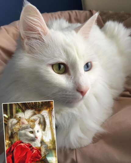 A fluffy white cat with one green and one blue eye rests on a blanket. In the corner, a “Famous Person #5 – Madame Elizabeth” custom pet canvas shows the same cat in royal attire with crown and red robe in a grand hall.