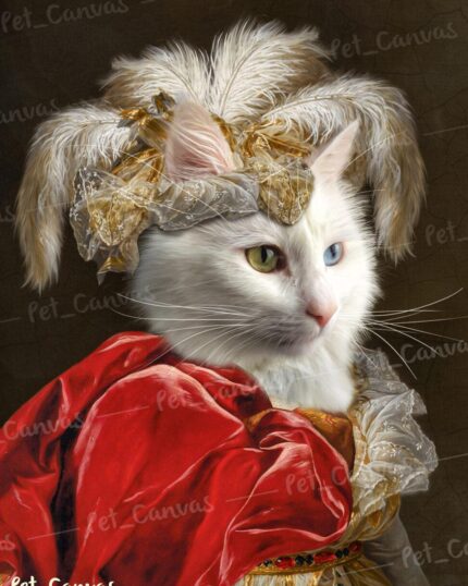 A regal white cat with mismatched eyes wears aristocratic attire, inspired by "Famous Person #5 – Madame Elizabeth," making it the perfect subject for custom pet canvas art.