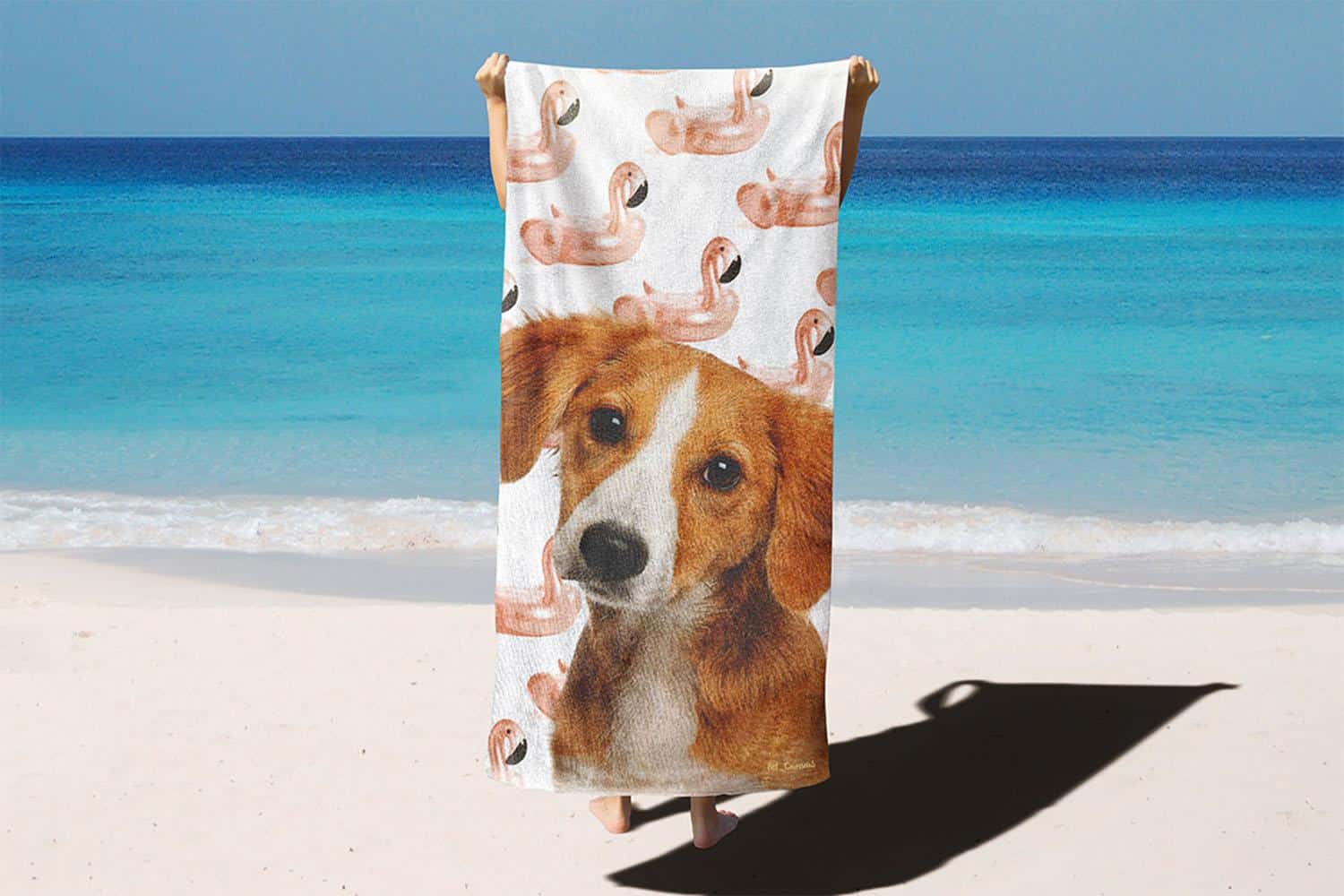 A Person Stands On A Sandy Beach Holding A Custom Design 3D Printed Beach Towel – Pineapple, Featuring A Vibrant Pineapple Print, With Turquoise Ocean Water In The Background. A person stands on a sandy beach holding a Custom Design 3D Printed Beach Towel – Pineapple, featuring a vibrant pineapple print, with turquoise ocean water in the background.