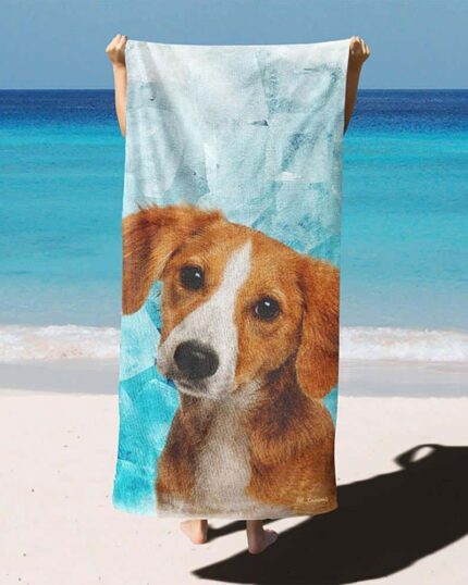 A person stands on a sandy beach holding a Custom Design 3D Printed Beach Towel – Pineapple; turquoise ocean and clear blue sky are in the background.