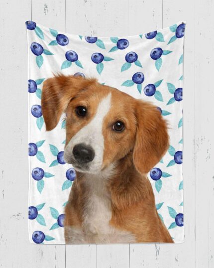 A Custom Design Pop-Art Blanket – Watermelon featuring an illustration of a brown and white dog with floppy ears set against a watermelon-themed background, displayed on a white wooden wall.