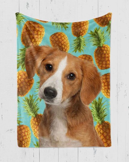 Wrap yourself in the Custom Design Pop-Art Blanket – Watermelon, featuring a curious brown and white dog with floppy ears on a bright blue background with pineapple patterns—perfect for pet lovers.