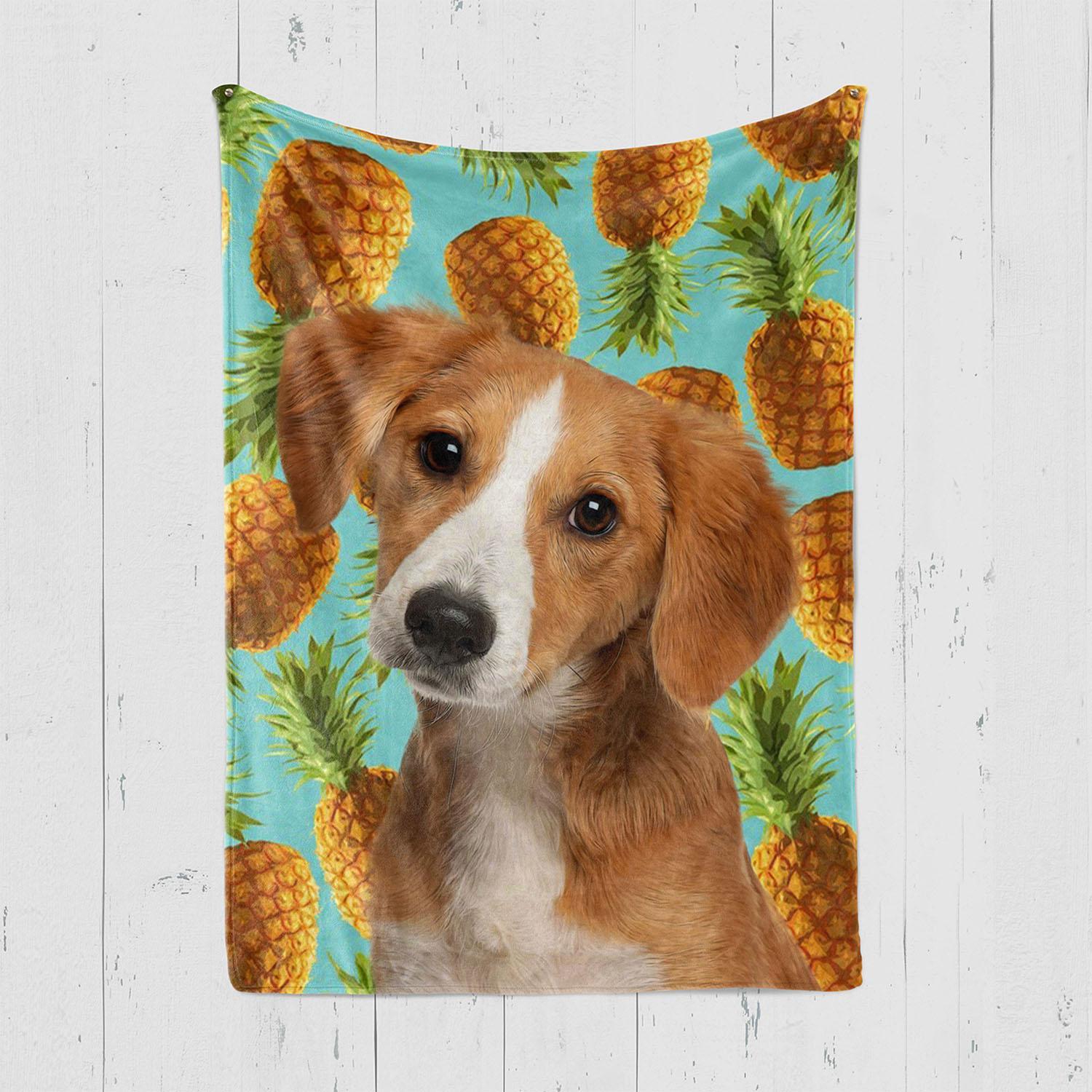Wrap Yourself In The Custom Design Pop-Art Blanket – Watermelon, Featuring A Curious Brown And White Dog With Floppy Ears On A Bright Blue Background With Pineapple Patterns—Perfect For Pet Lovers. Wrap yourself in the Custom Design Pop-Art Blanket – Watermelon, featuring a curious brown and white dog with floppy ears on a bright blue background with pineapple patterns—perfect for pet lovers.