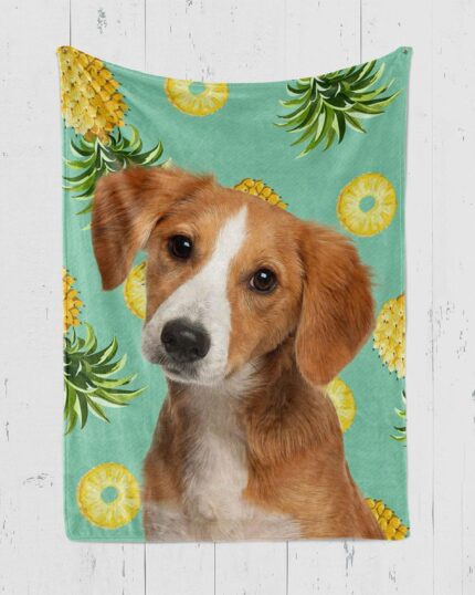 A brown and white dog with a tilted head sits on a Custom Design Pop-Art Blanket – Watermelon, featuring watermelon patterns on teal, displayed against a white wooden wall.