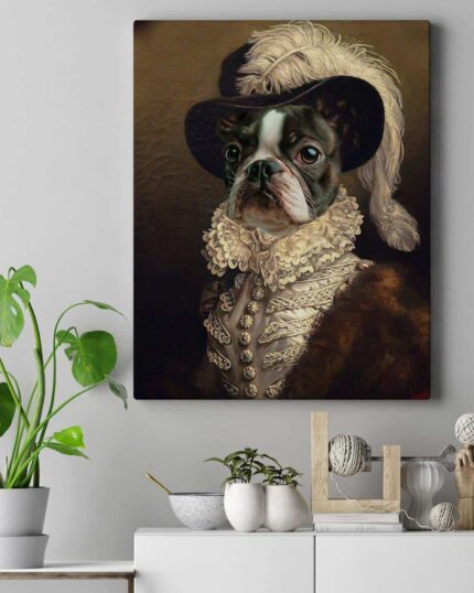 The Rich Merchant #3 - Custom Pet Canvas Painting features a dog in vintage aristocratic attire with a feathered hat, hanging above a shelf with plants and decor in a modern room—a stunning custom artwork.