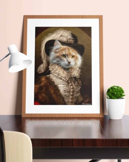 The Rich Merchant #3 - Custom Pet Canvas Painting shows a cat in detailed Renaissance clothing, wearing a feathered hat and ruffled collar, displayed framed on a modern wooden desk near a lamp and small potted plant.