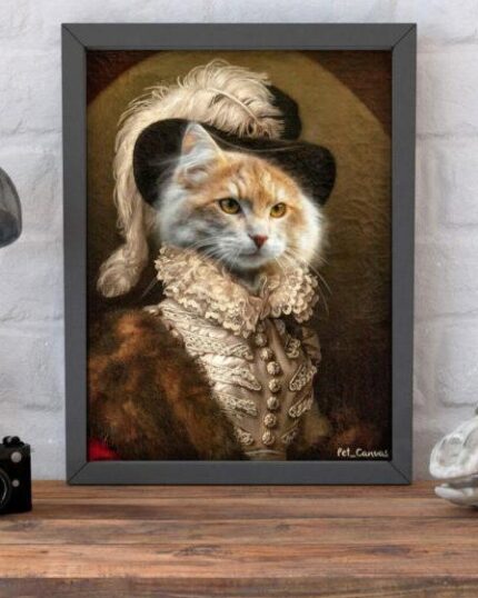 The Rich Merchant #3 - Custom Pet Canvas Painting features your pet as a regal figure in ornate historical attire, complete with lace, a feathered hat, and fur coat—turning your cat into a classic aristocratic portrait.