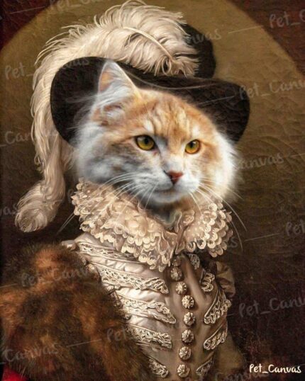 An orange and white cat dressed in an ornate, historical costume with a feathered hat resembles an old-fashioned portrait—making it a perfect subject for The Rich Merchant #3 - Custom Pet Canvas Painting.