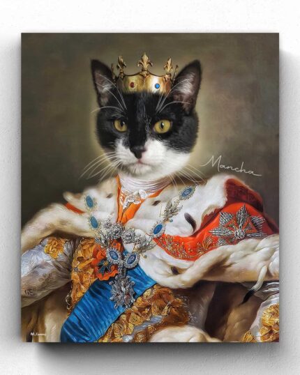 Showcase your pet’s majesty with The Mighty King #7 – Custom Design Pet Canvas, featuring a black and white cat in royal crown and jeweled robes, regal portrait style, with Mancha's signature on the right for a unique canvas print.