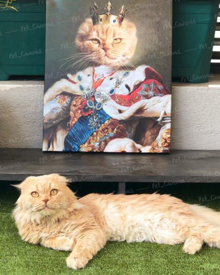 A fluffy orange cat lies on grass in front of "The Mighty King #7 - Custom Design Pet Canvas," which features the same cat dressed as a royal figure complete with a crown and regal robe.