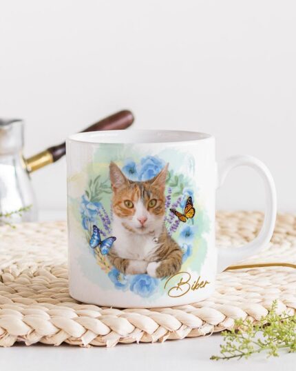 Çiçek Halkalı Kedili Özel Tasarım Kupa Bardak