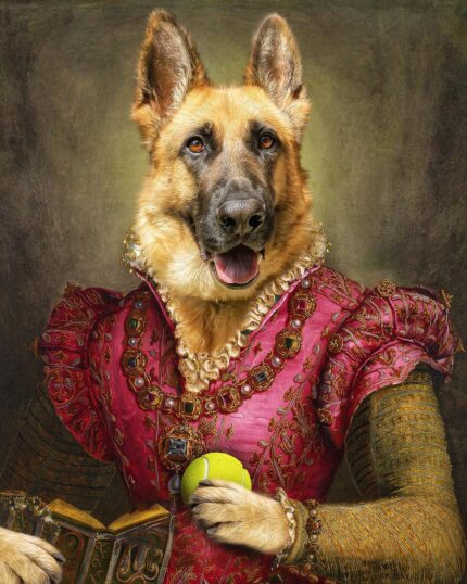 A German Shepherd with a tennis ball is featured in "The Noble Lady #16 - Custom Design Pet Canvas," digitally dressed in a red Renaissance gown with ruffled collar and jewelry, set against a dark, classical portrait background.