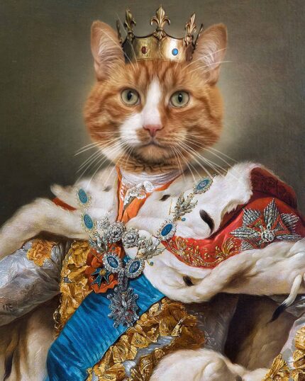 The Mighty King #7 - Custom Design Pet Canvas features a majestic ginger cat in royal attire with a crown, fur-trimmed robe, gold embroidery, blue sash, and medals—a perfect historical-style royal portrait of your pet.
