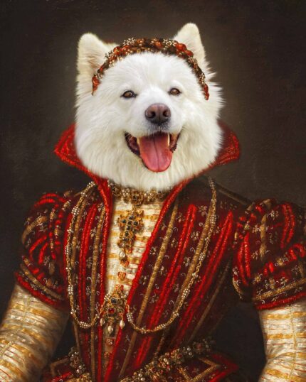A white fluffy dog with its tongue out poses regally in an ornate red and gold jeweled Renaissance gown against a dark background—perfect for "The Noble Lady #15 - Custom Design Pet Canvas.