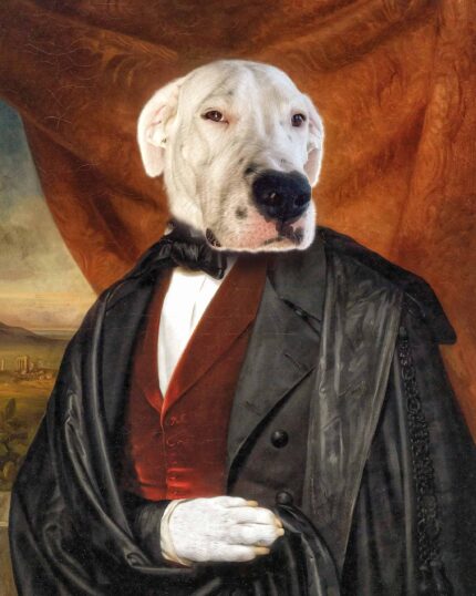 The Noble Gentleman #11 - Custom Design Pet Canvas showcases a white-faced dog in a formal black coat, red vest, and white shirt, set against a dramatic brown drape and landscape background—a timeless custom pet portrait.