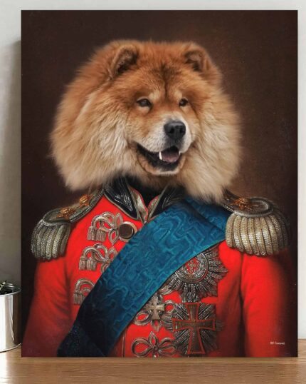 Showcasing the Special Design Canvas Painting – General #18 in Red Uniform: a Chow Chow with a fluffy mane, dressed in an ornate red military uniform with medals and sash, displayed next to a potted plant—an ideal custom canvas for pet lovers.