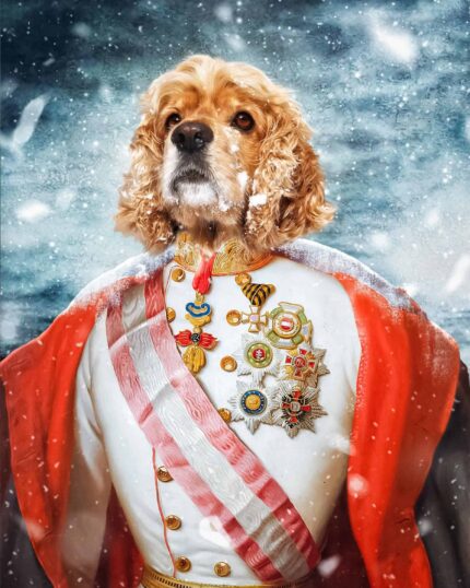 A dog with long, curly ears wears a white royal uniform with medals and red sash against a snowy backdrop—perfect as the “Special Design Canvas Painting – General #17 in White Uniform” for custom pet canvas printing.