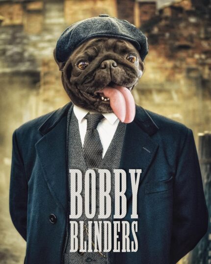 A pug with its tongue out wears a vintage suit and flat cap like a 1920s gangster. "Custom Design Canvas Painting – Series Character #9 – Peaky Blinders" is perfect for unique pet canvas prints or decor.