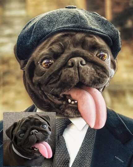 The Custom Design Canvas Painting – Series Character #9 – Peaky Blinders features your pug’s face edited onto a suited character with a flat cap and tongue out, plus the original pet photo—ideal for creative canvas lovers!.