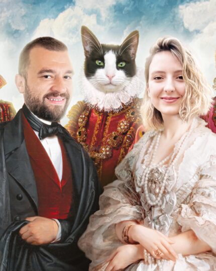 A man in a suit, a regal cat in ornate attire, and a woman in vintage white pose together against a blue sky—perfect inspiration for “The Noble Royal Family of Seven - Custom Design Pet Canvas.”.