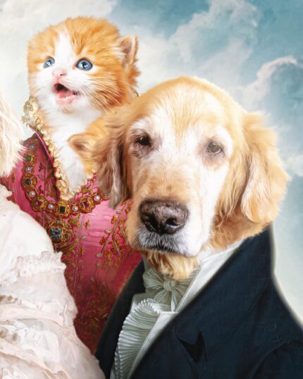 A fluffy orange-and-white kitten in pink historical attire sits beside a golden retriever in formal wear—an elegant scene from The Noble Royal Family of Seven - Custom Design Pet Canvas, posed before a cloudy sky.