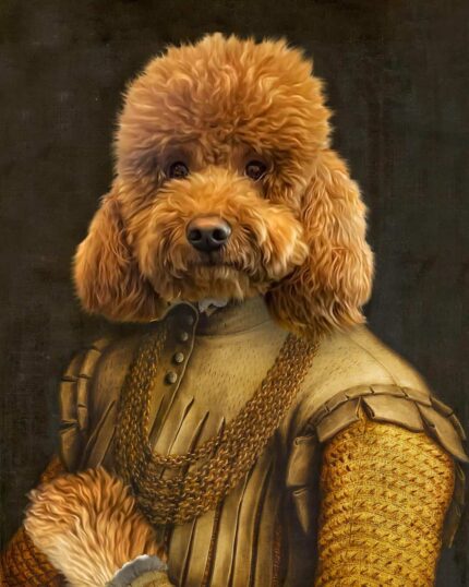 The Noble Gentleman #13 - Custom Design Pet Canvas features a brown poodle’s head on a Renaissance nobleman’s ornate golden body, making a funny and regal custom pet portrait ideal for unique canvas printing.