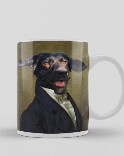 The Personalized Noble Pet Design Mug features a white mug with a black dog in a formal suit and cravat, posed like a classic portrait—ideal for fans of custom pet canvas art.