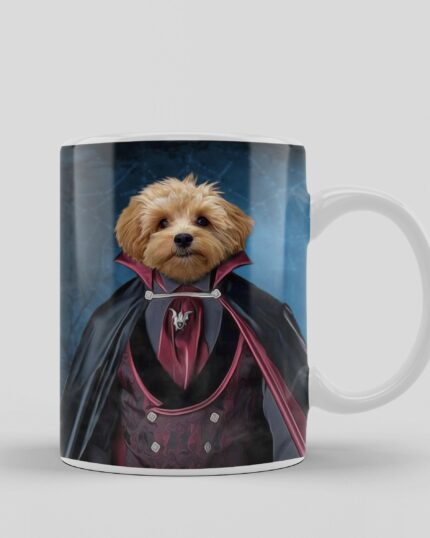 The Personalized Dracula Pet Design Mug showcases a small, fluffy dog in a vampire costume on a blue background—ideal for fans of canvas printing and custom pet design art.
