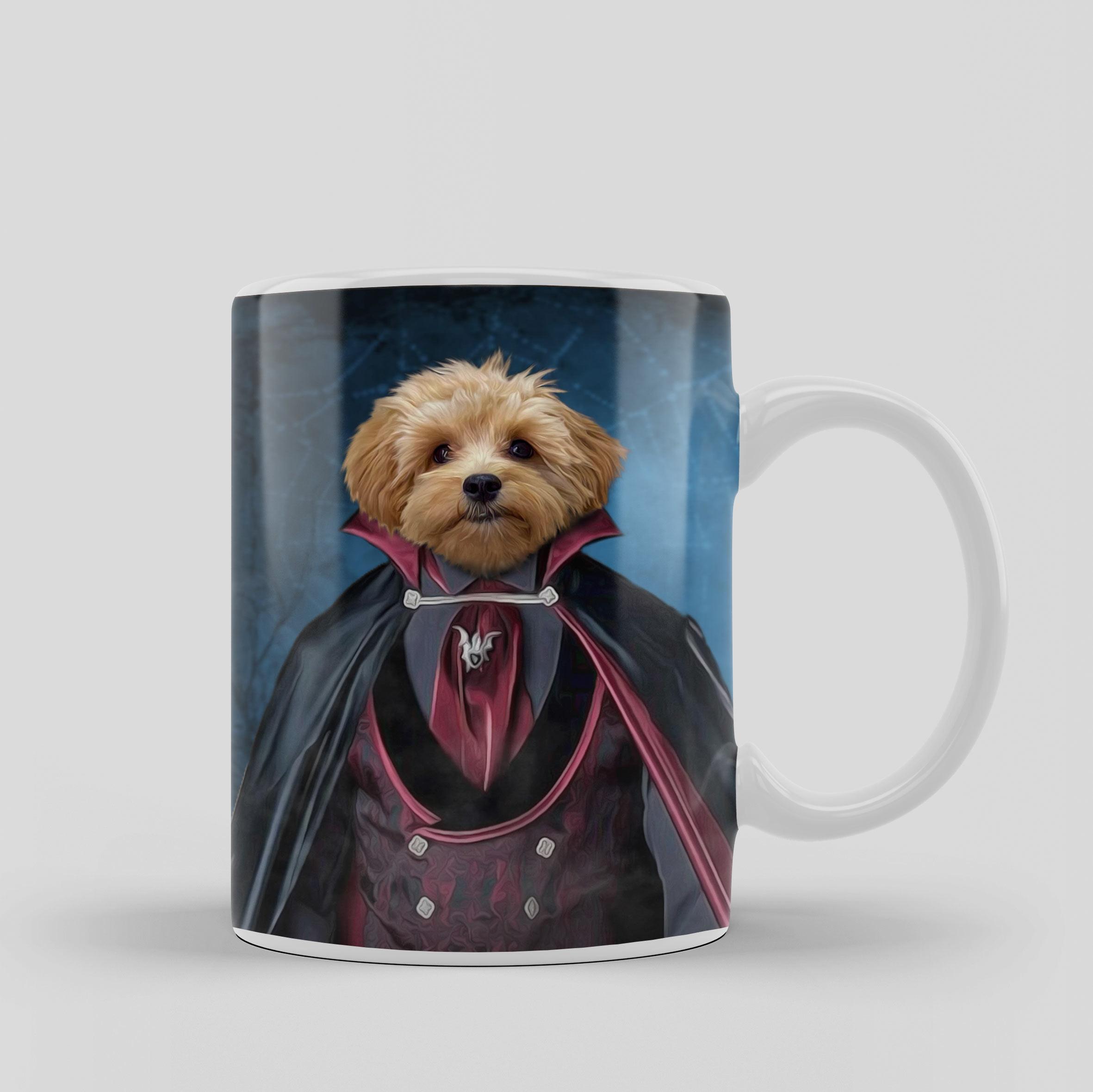 The Personalized Dracula Pet Design Mug Showcases A Small, Fluffy Dog In A Vampire Costume On A Blue Background—Ideal For Fans Of Canvas Printing And Custom Pet Design Art. The Personalized Dracula Pet Design Mug showcases a small, fluffy dog in a vampire costume on a blue background—ideal for fans of canvas printing and custom pet design art.