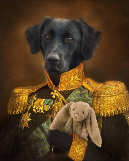 The General with Toy #9 - Custom Design Pet Canvas features a black dog in an ornate, gold-trimmed military uniform holding a plush bunny, set against a dramatic dark backdrop for a striking custom portrait.
