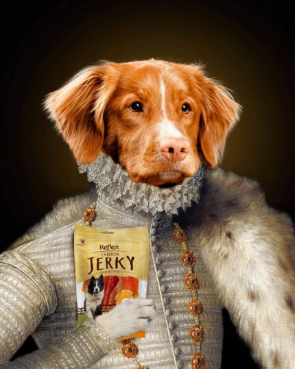 A dog with reddish-brown fur in ornate royal attire holds a bag of chicken jerky treats against a dark background—The Noble Gentleman #12 - Custom Design Pet Canvas is perfect for a unique, personalized pet portrait.